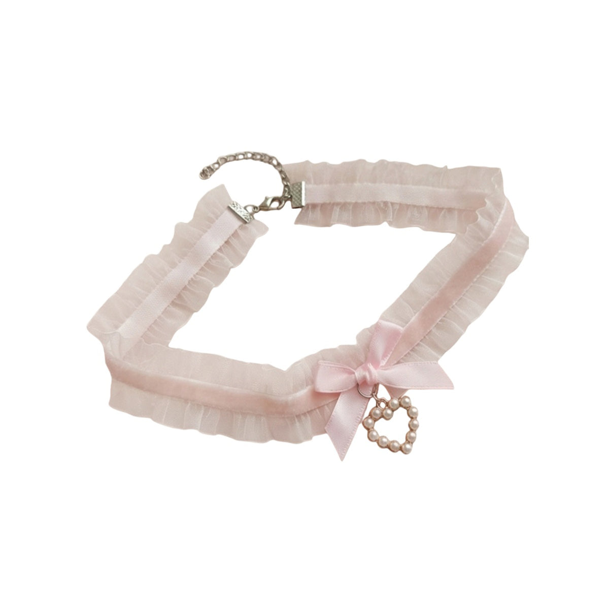 Pink Lace Bow Pearl Necklace with polyester fabric | NA866-03 | image 1