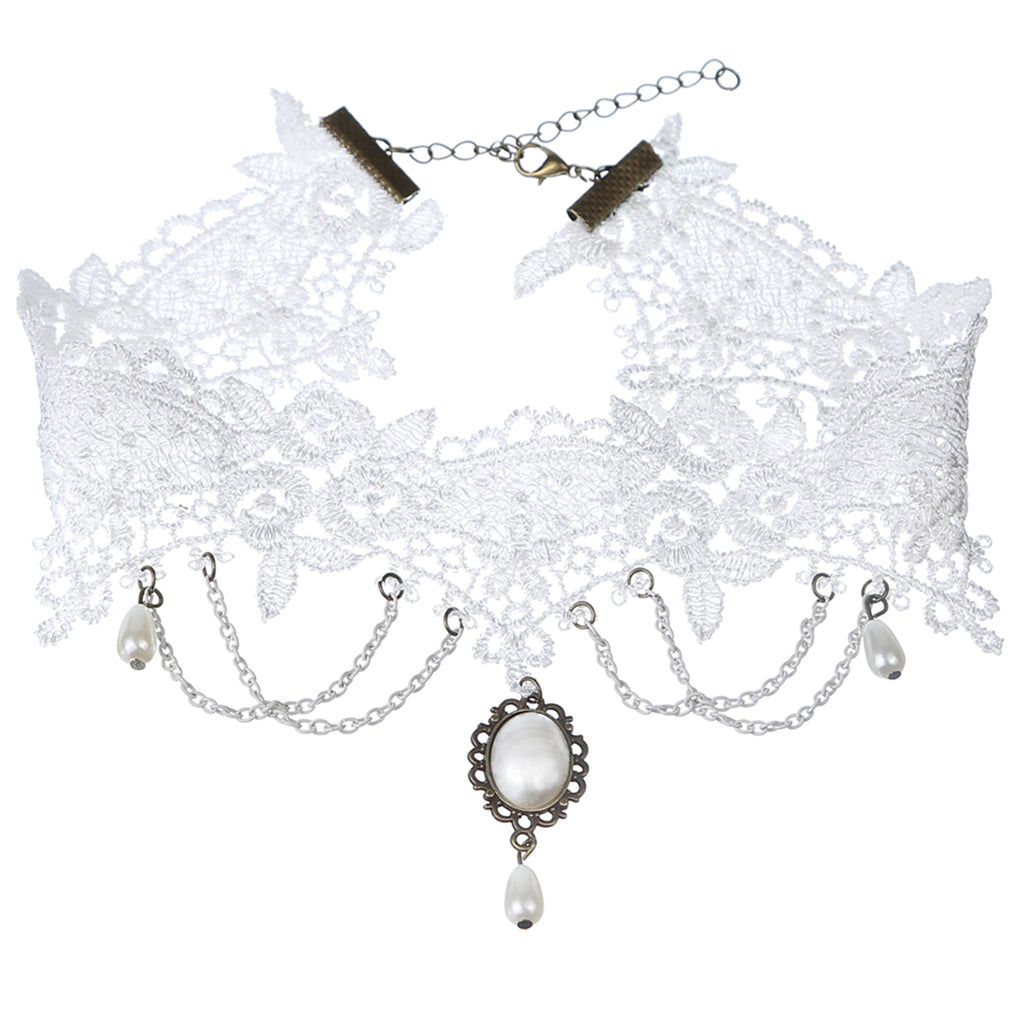 White Lace Pendant Choker with polyester fabric | N3136 | image 1