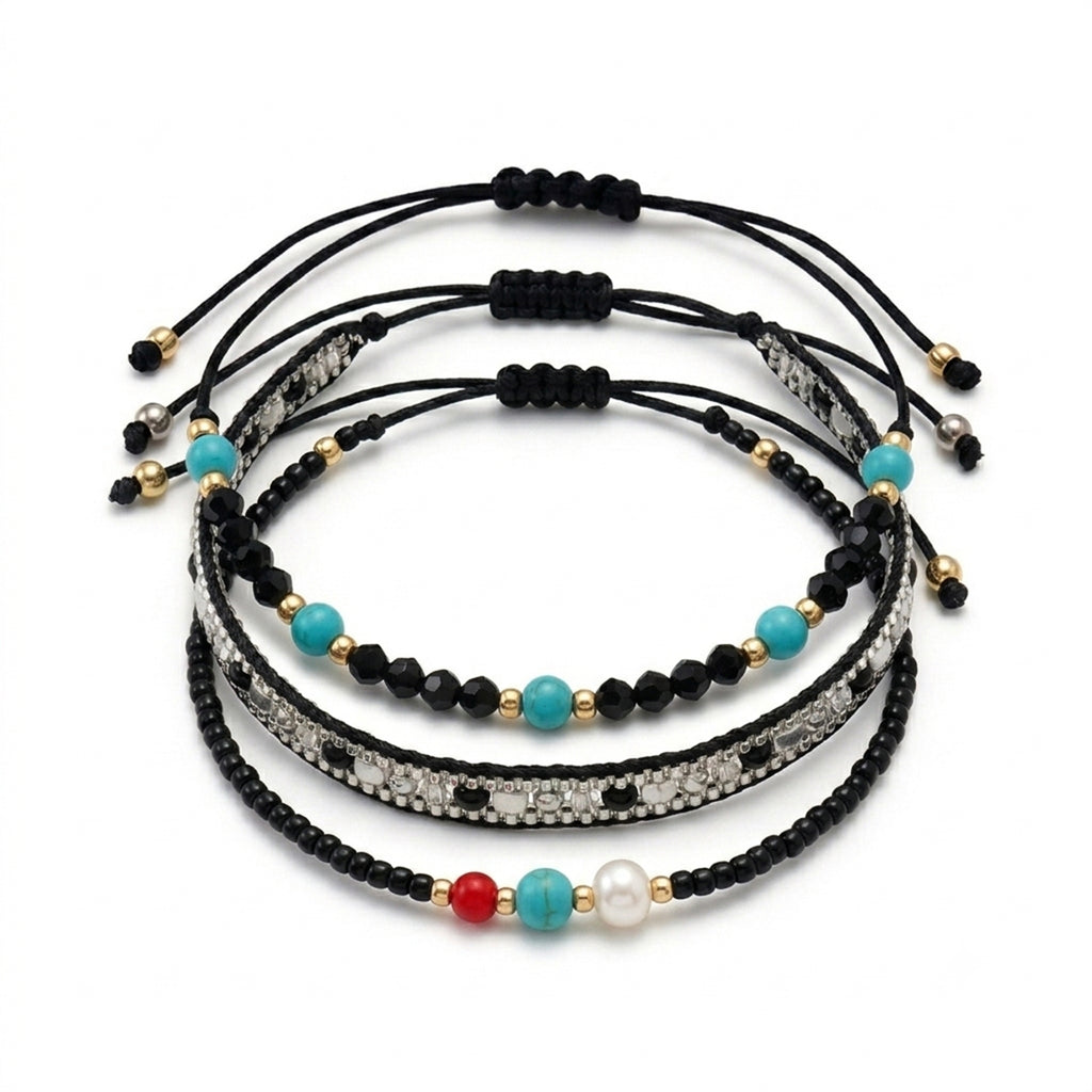 Black braided three-piece bracelet set with adjustable pull cords | BRA510-01 | image 1