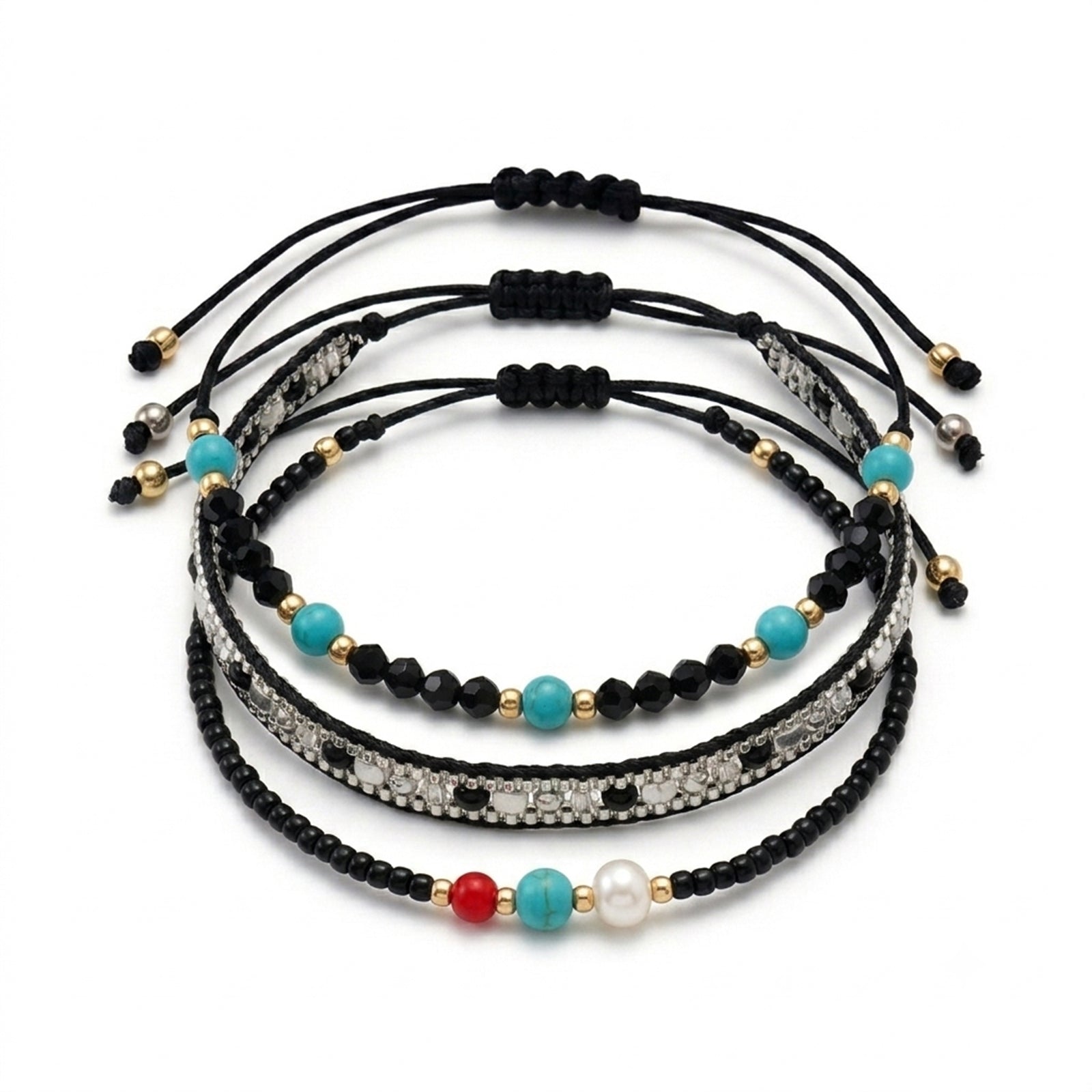 Black braided three-piece bracelet set with adjustable pull cords | BRA510-01 | image 1