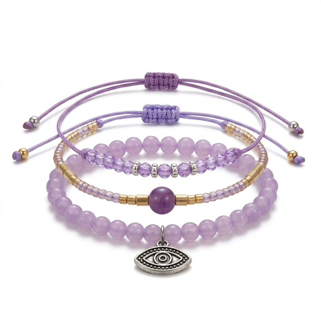 Purple braided three-piece bracelet set with adjustable pull cords | BRA560-01 | image 1