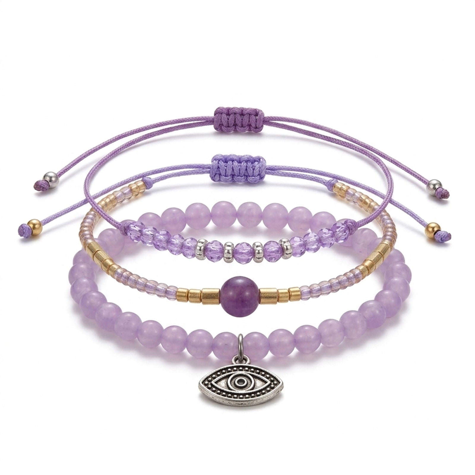 Purple braided three-piece bracelet set with adjustable pull cords | BRA560-01 | image 1