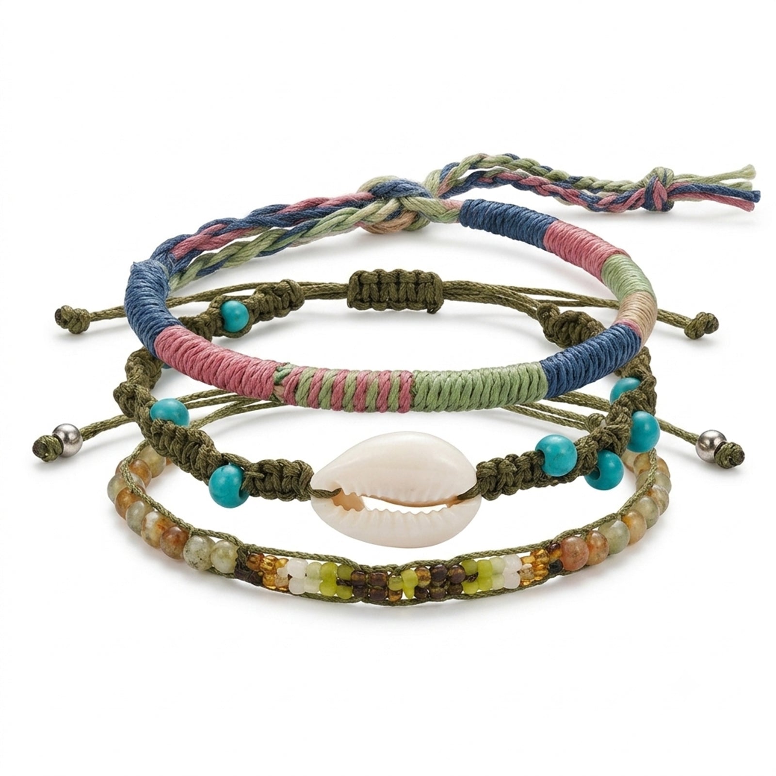 Green braided three-piece bracelet set with adjustable pull cords | BRA578-01 | image 1