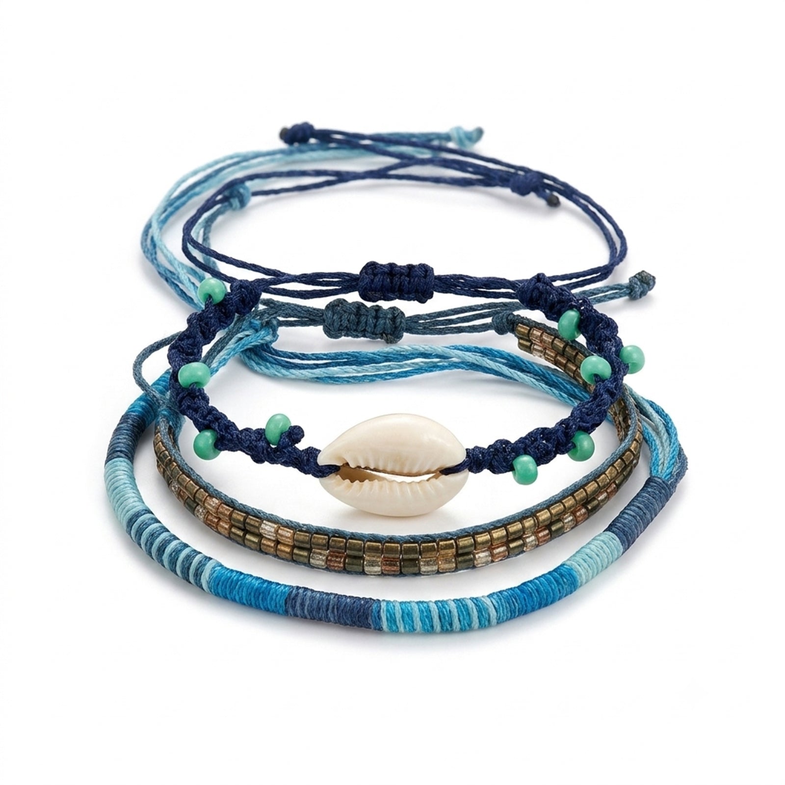 Blue braided three-piece bracelet set with adjustable pull cords | BRA573-01 | image 1