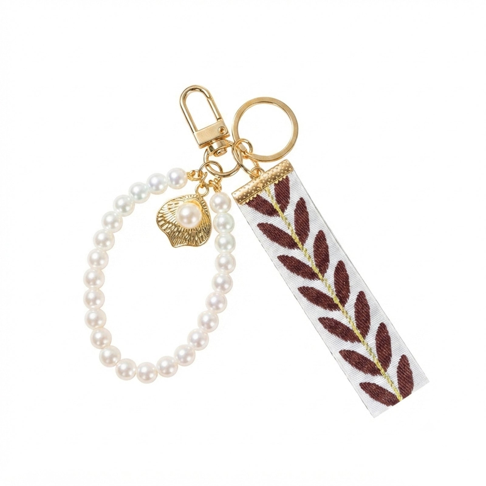 Ribbon keychain with woven detail and faux pearls | KCA055-03 | image 1