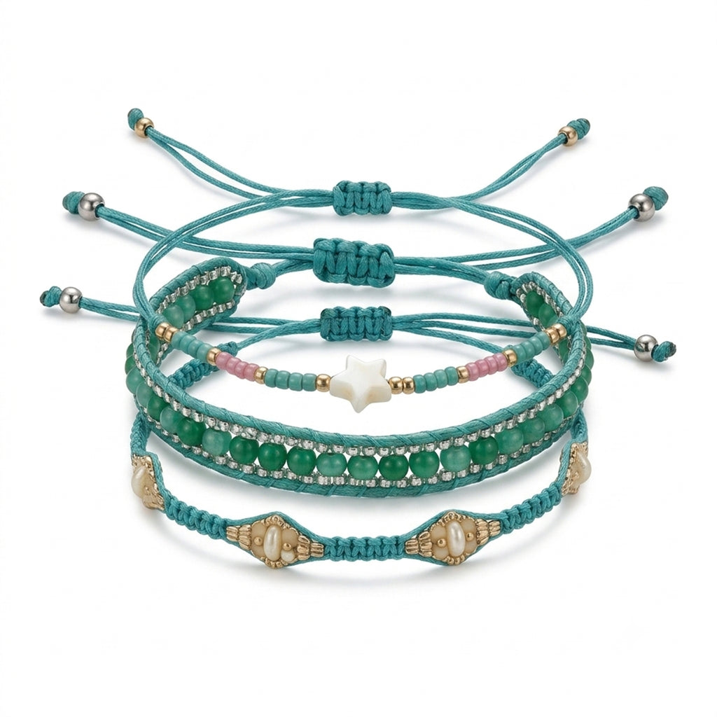 Teal braided three-piece bracelet set with adjustable pull cords | BRA506-01 | image 1