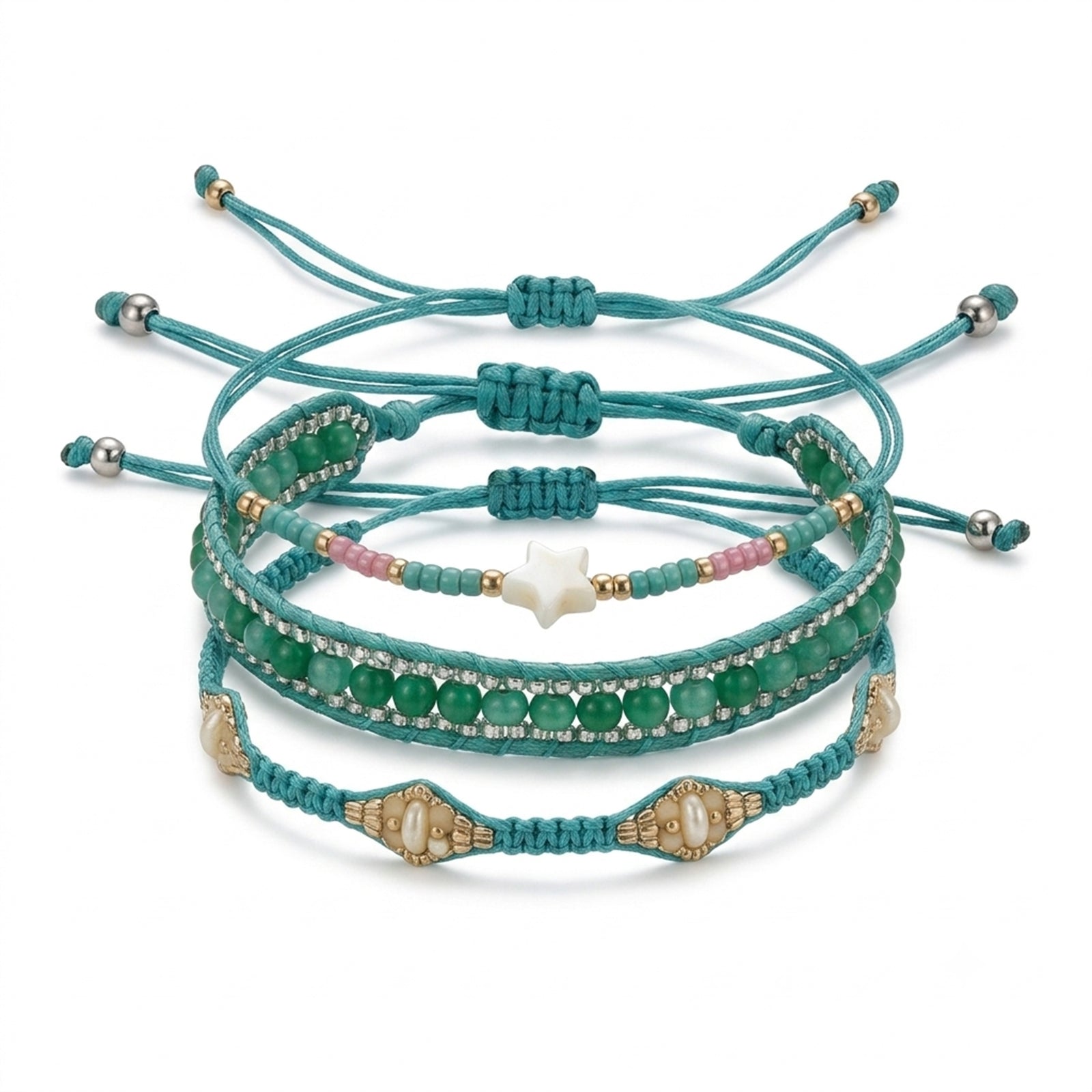 Teal braided three-piece bracelet set with adjustable pull cords | BRA506-01 | image 1