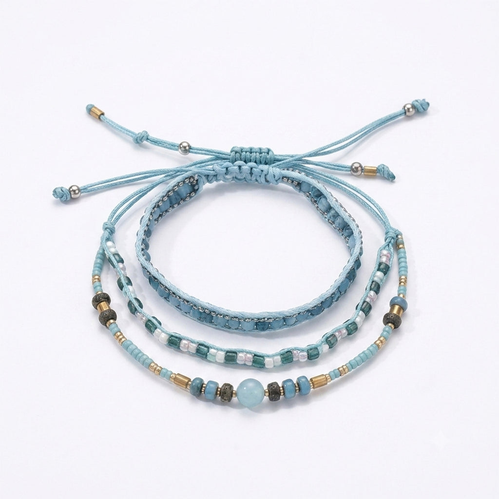 Blue braided three-piece bracelet set with adjustable pull cords | BRA567-01 | image 1