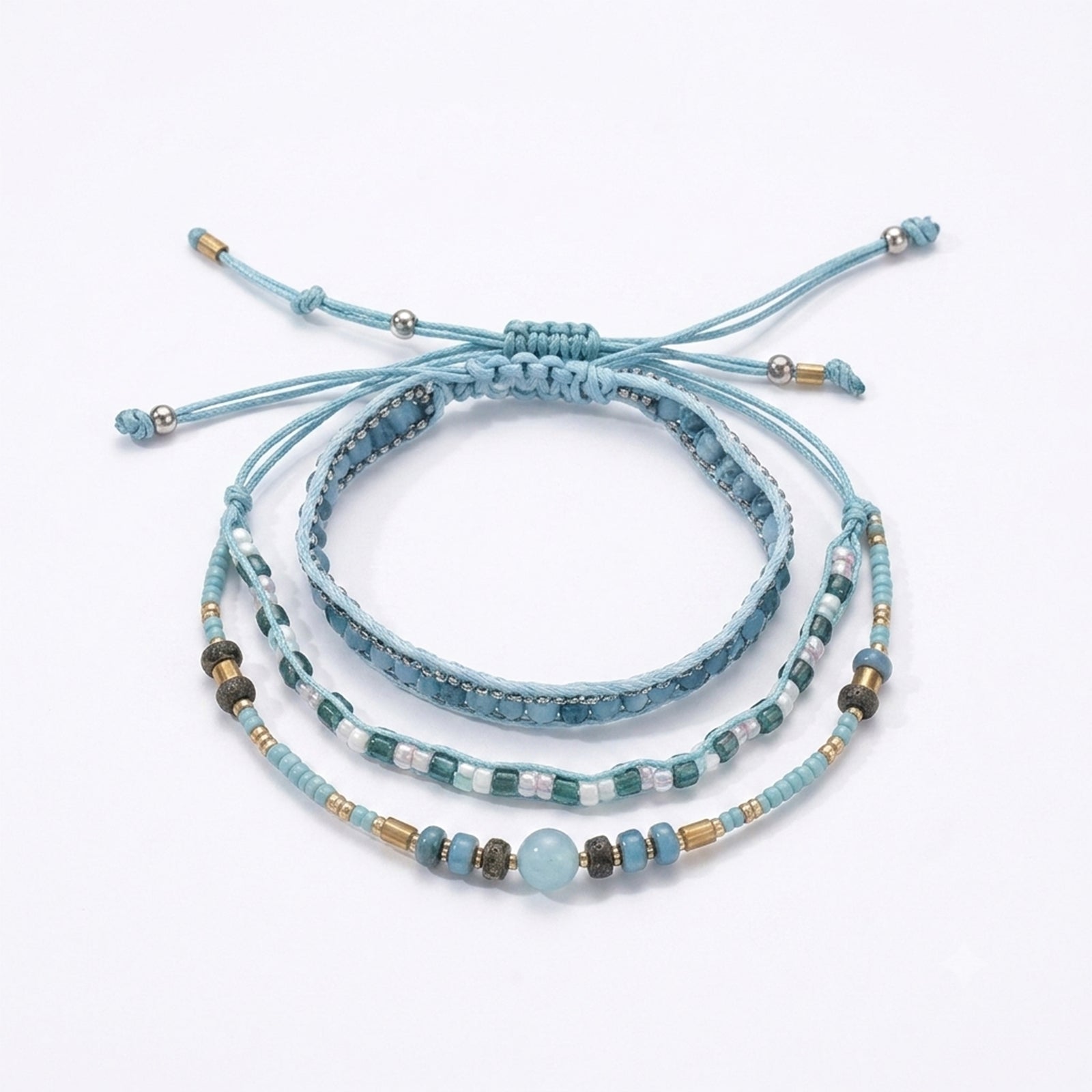 Blue braided three-piece bracelet set with adjustable pull cords | BRA567-01 | image 1