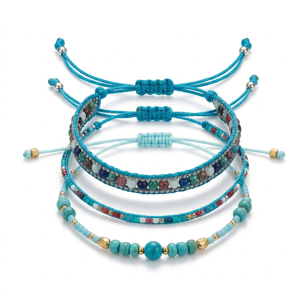 Blue braided three-piece bracelet set with adjustable pull cords | BRA576-01 | image 1