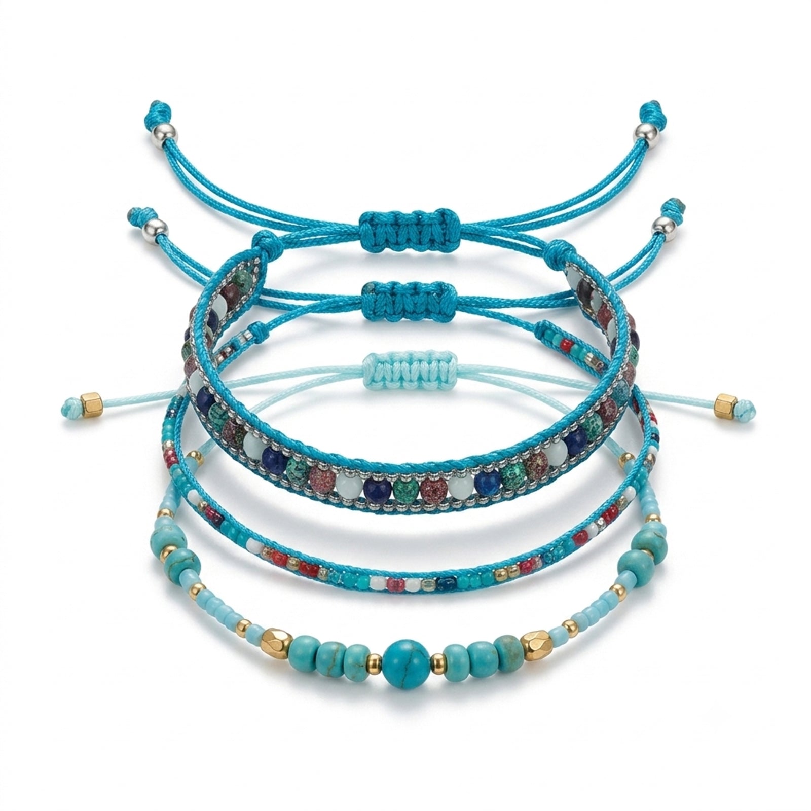 Blue braided three-piece bracelet set with adjustable pull cords | BRA576-01 | image 1