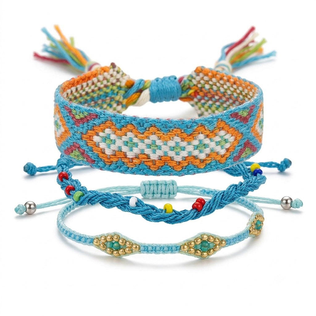 Blue braided three-piece bracelet set with adjustable pull cords | BRA585-01 | image 1