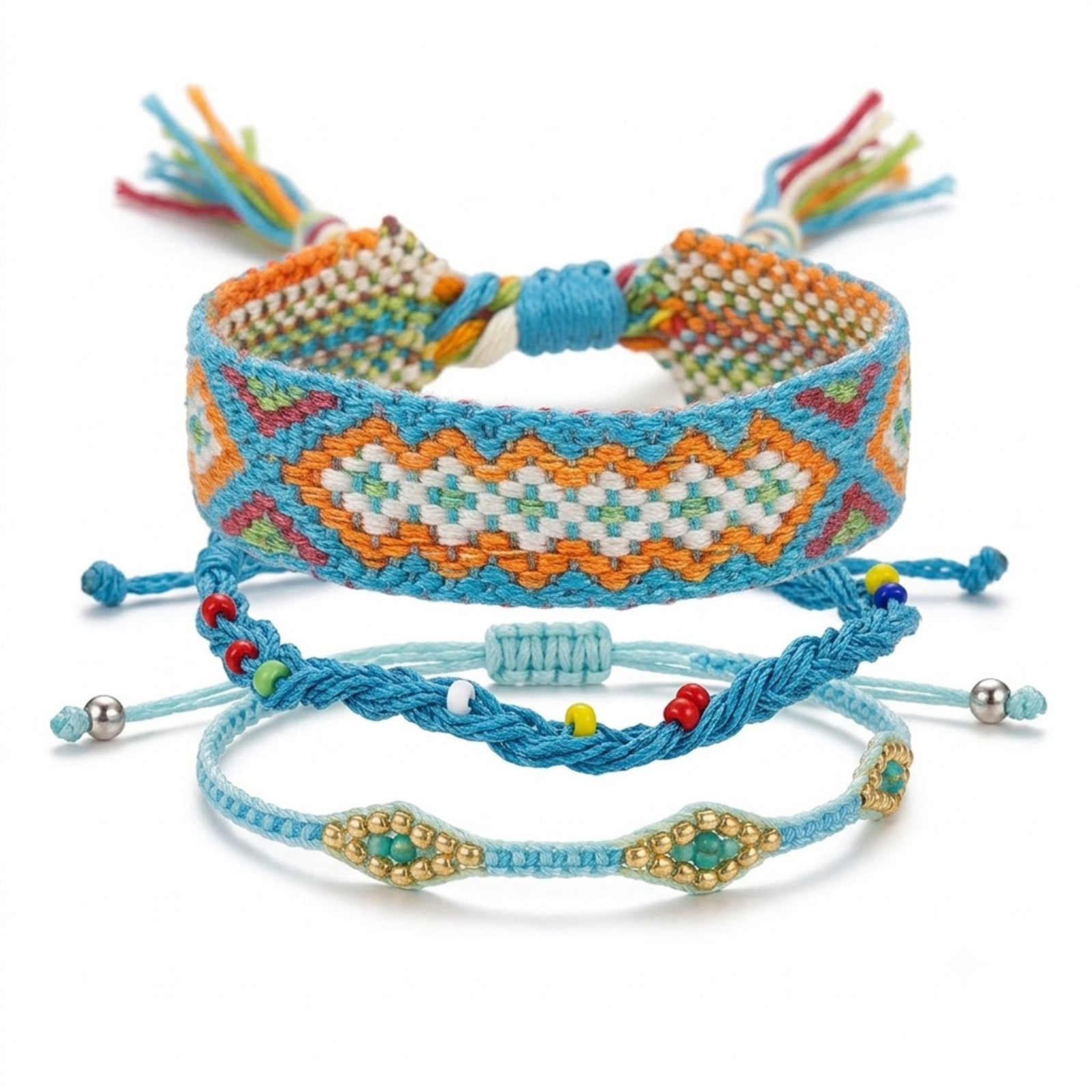 Blue braided three-piece bracelet set with adjustable pull cords | BRA585-01 | image 1