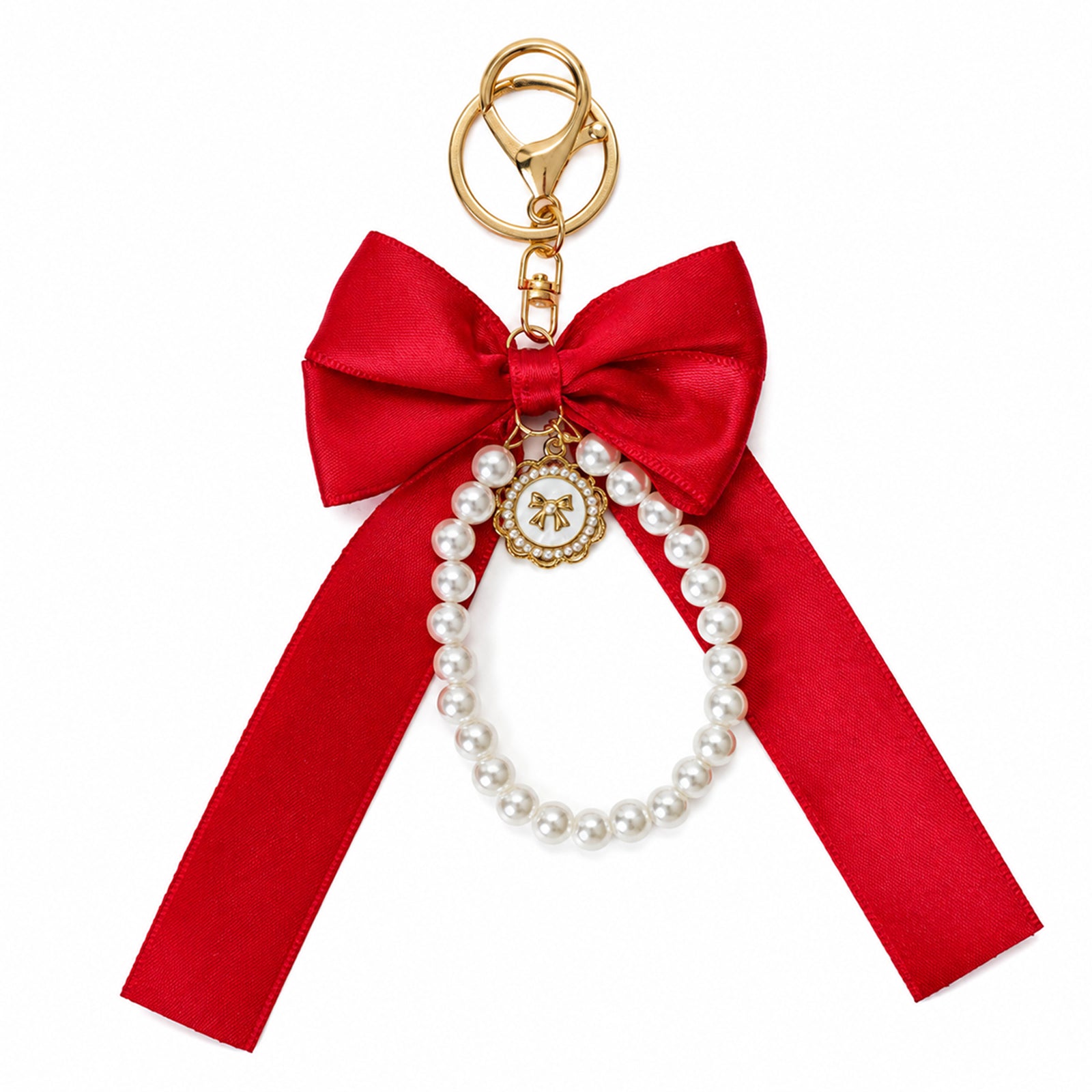 Red bow keychain with faux pearl strand | KCA051-02 | image 1