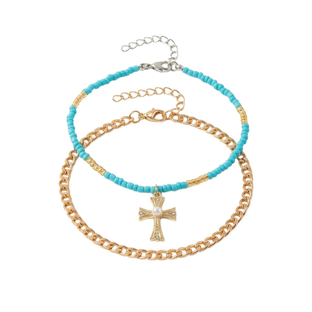 Blue Bead Cross Anklet Set with zinc alloy details | JL7361-01 | image 1