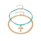 Blue Bead Cross Anklet Set with zinc alloy details | JL7361-01 | image 1