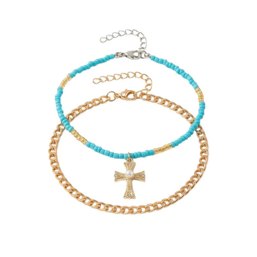 Blue Bead Cross Anklet Set with zinc alloy details | JL7361-01 | image 1
