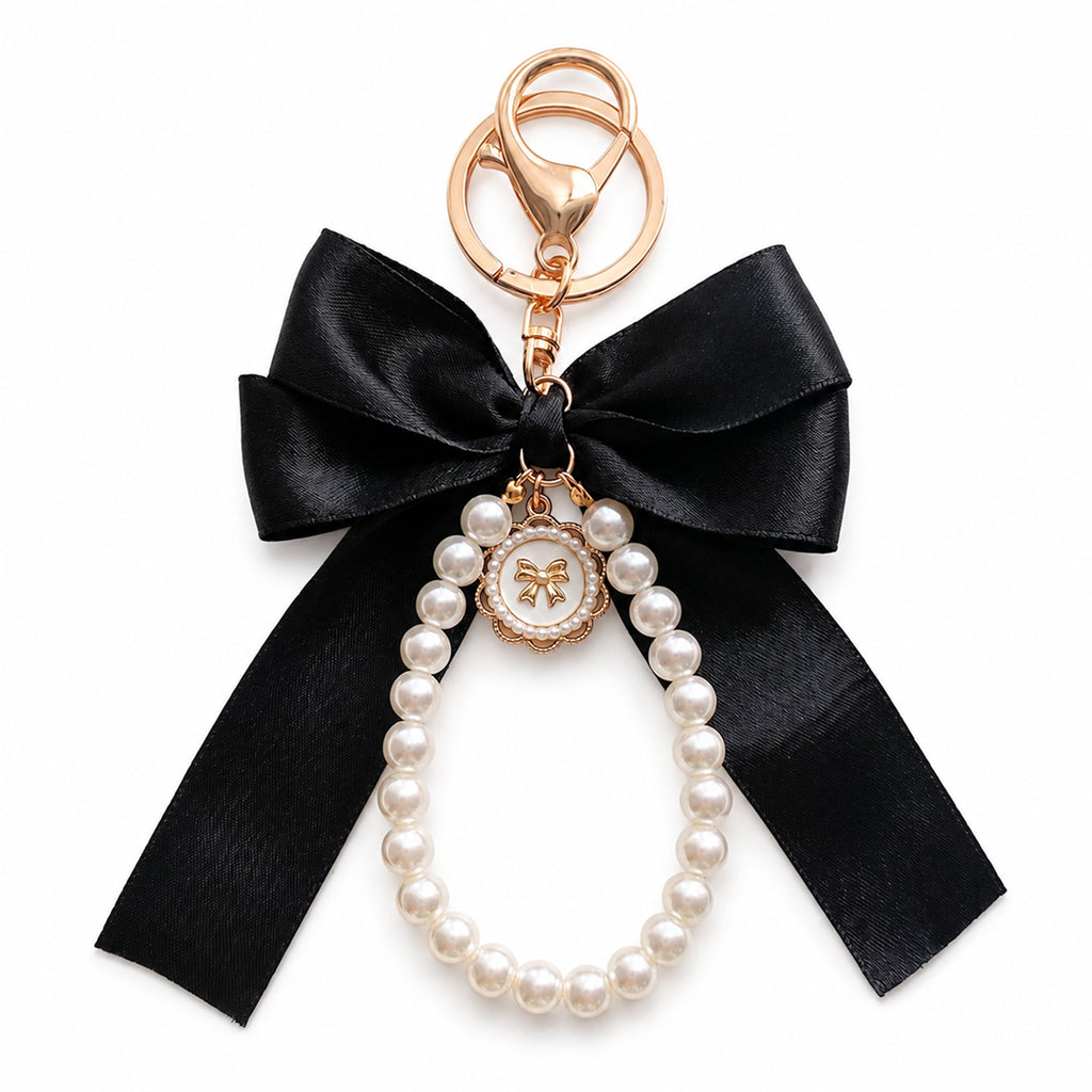 Black bow keychain with faux pearl strand | KCA051-04 | image 1