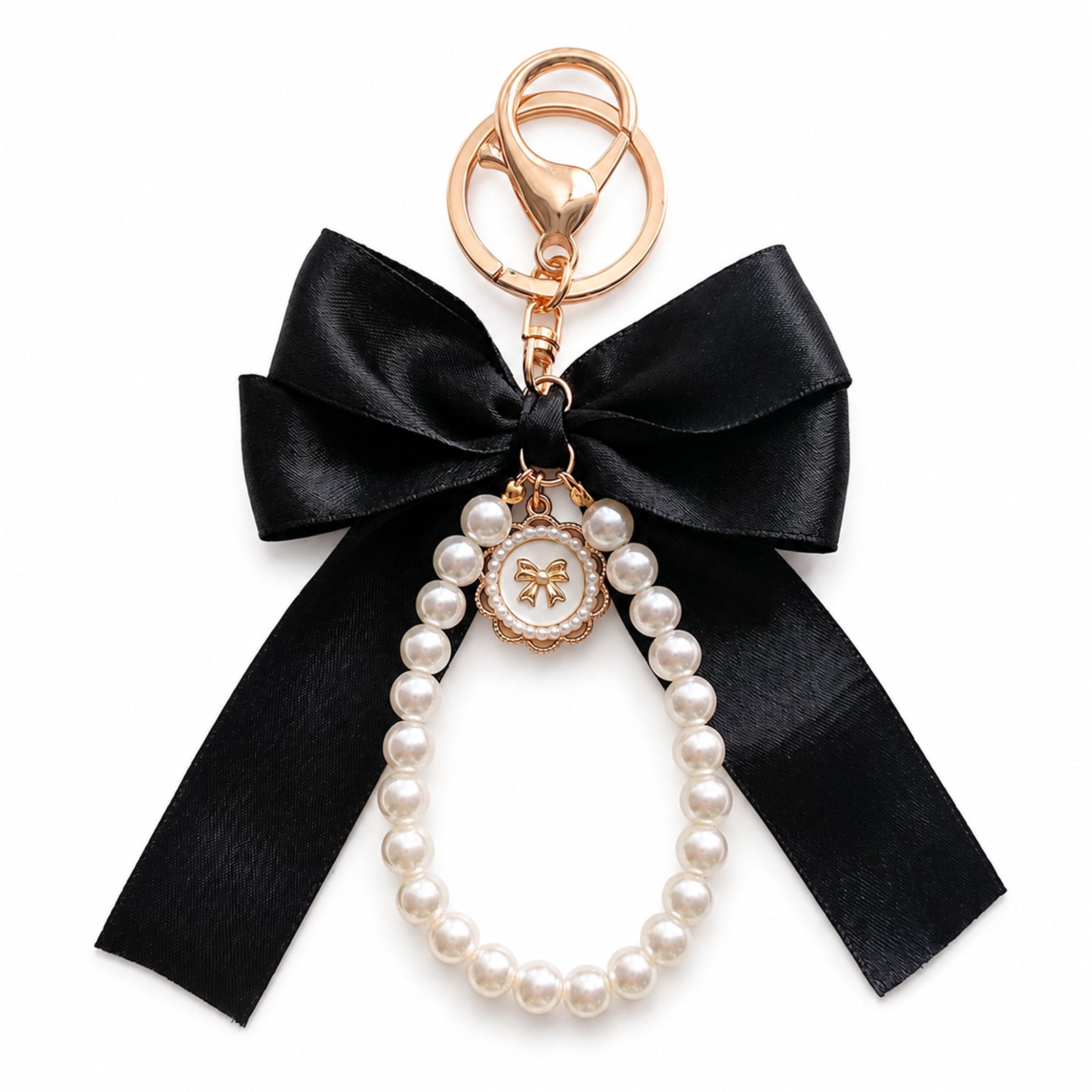 Black bow keychain with faux pearl strand | KCA051-04 | image 1