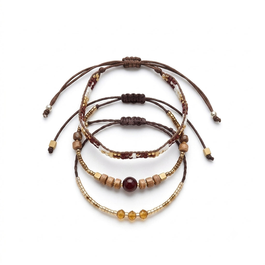 Brown braided three-piece bracelet set with adjustable pull cords | BRA516-01 | image 1