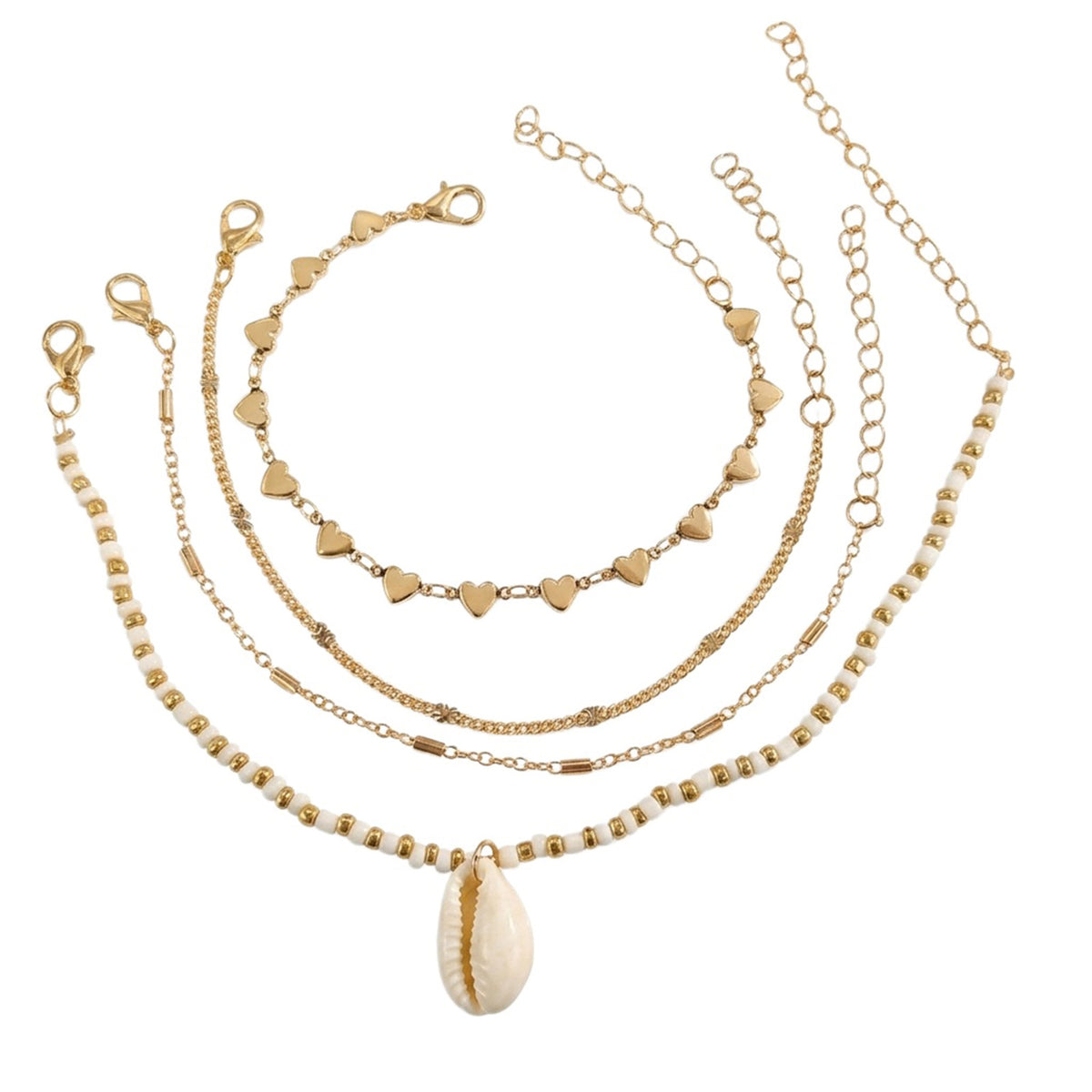 White Shell Heart Anklet Set with zinc alloy details | JL7357-01 | image 1