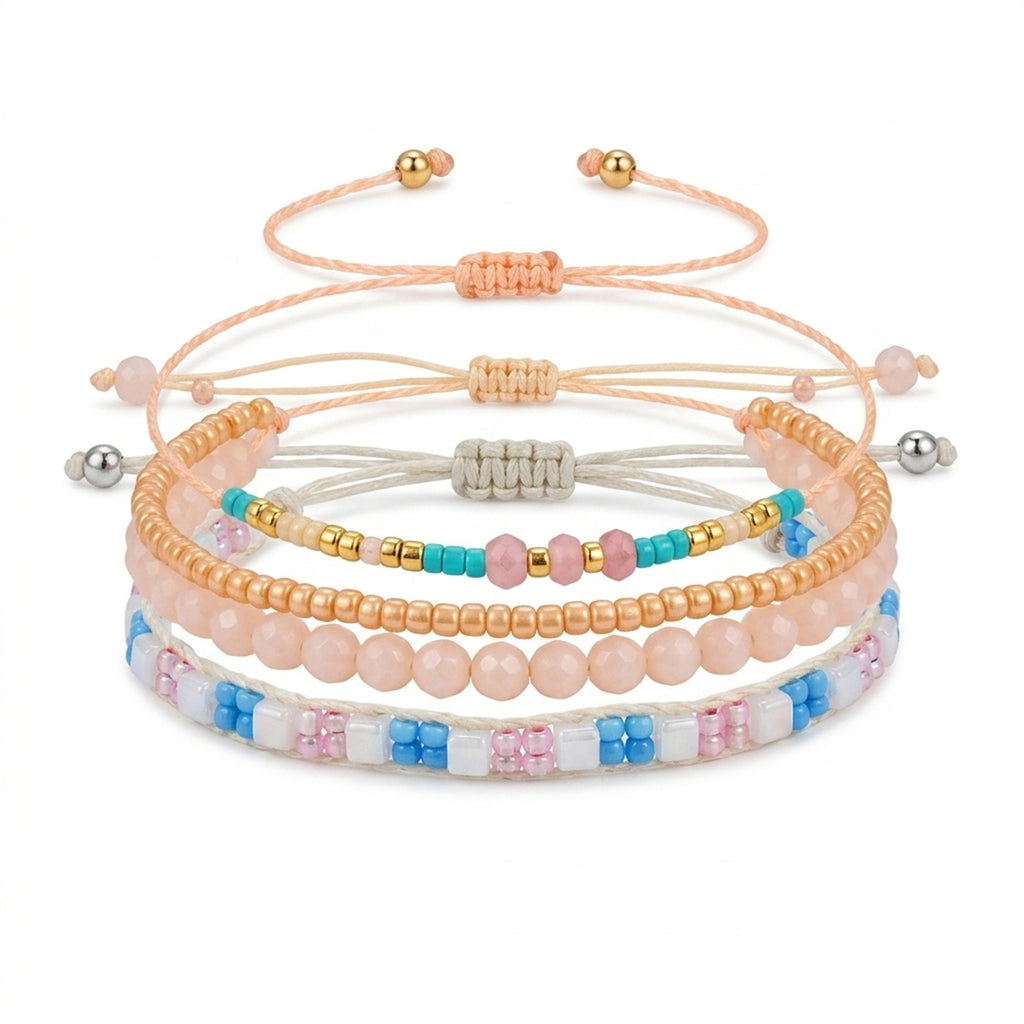 Beige braided three-piece bracelet set with adjustable pull cords | BRA586-01 | image 1
