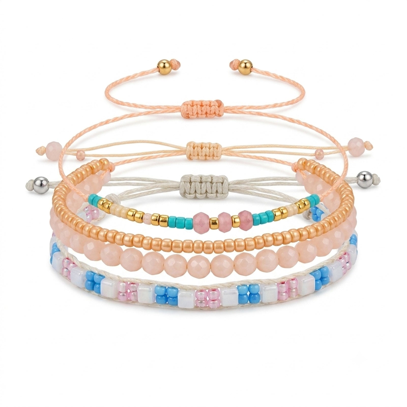 Beige braided three-piece bracelet set with adjustable pull cords | BRA586-01 | image 1