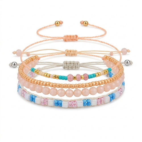 Beige braided three-piece bracelet set with adjustable pull cords | BRA586-01 | image 1