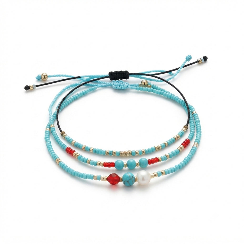 Blue braided three-piece bracelet set with adjustable pull cords | BRA566-01 | image 1
