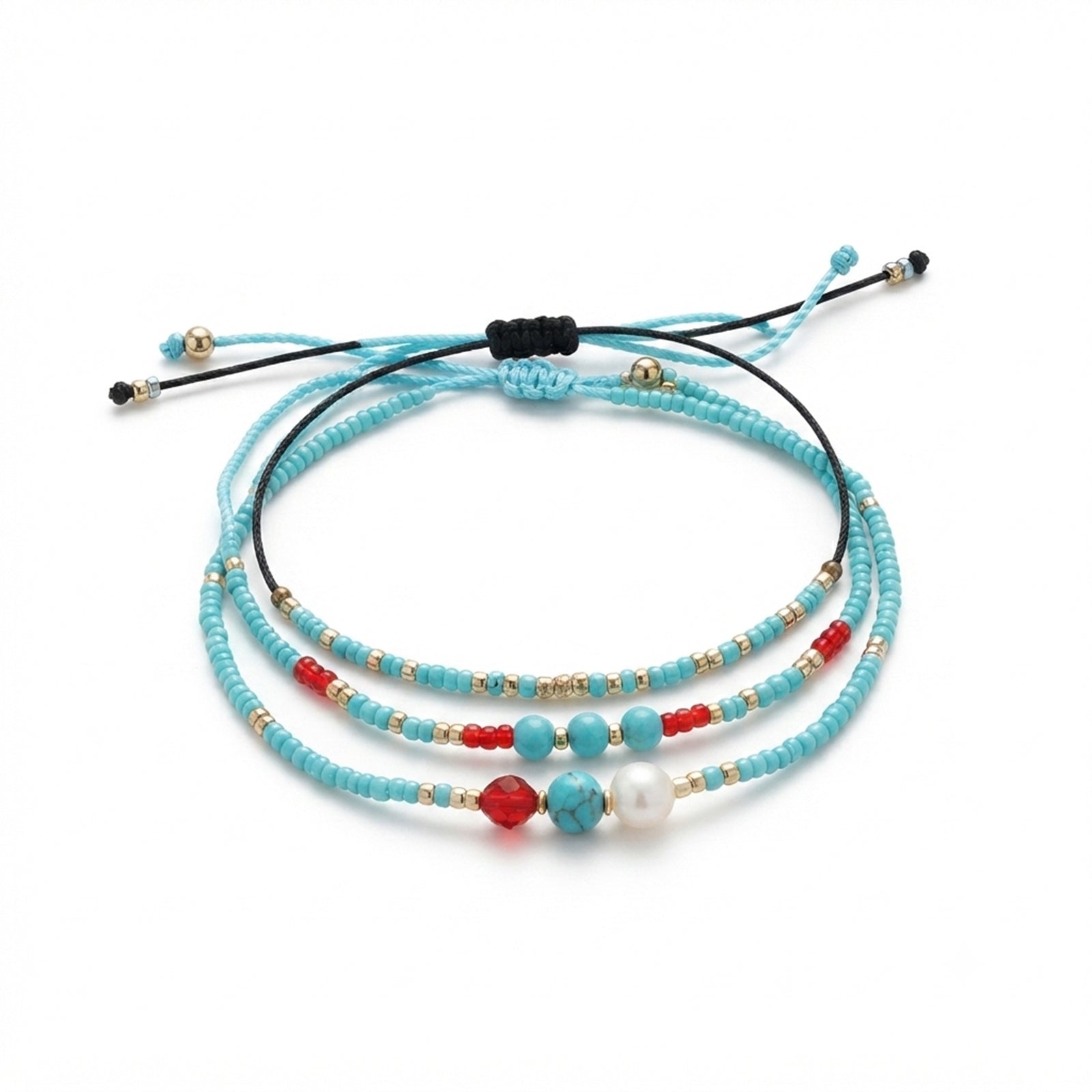 Blue braided three-piece bracelet set with adjustable pull cords | BRA566-01 | image 1