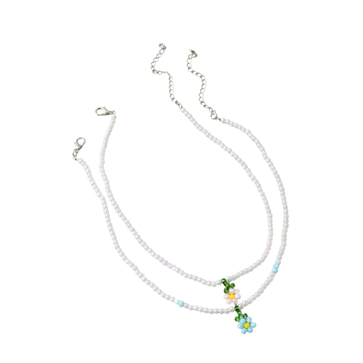 Blue Pink Floral Faux Pearl Necklace Set with glass details | NA564-02 | image 1