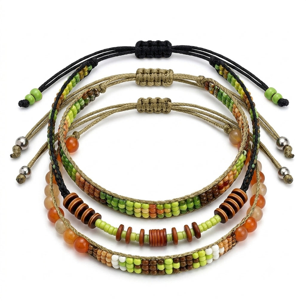 Green braided three-piece bracelet set with adjustable pull cords | BRA505-01 | image 1