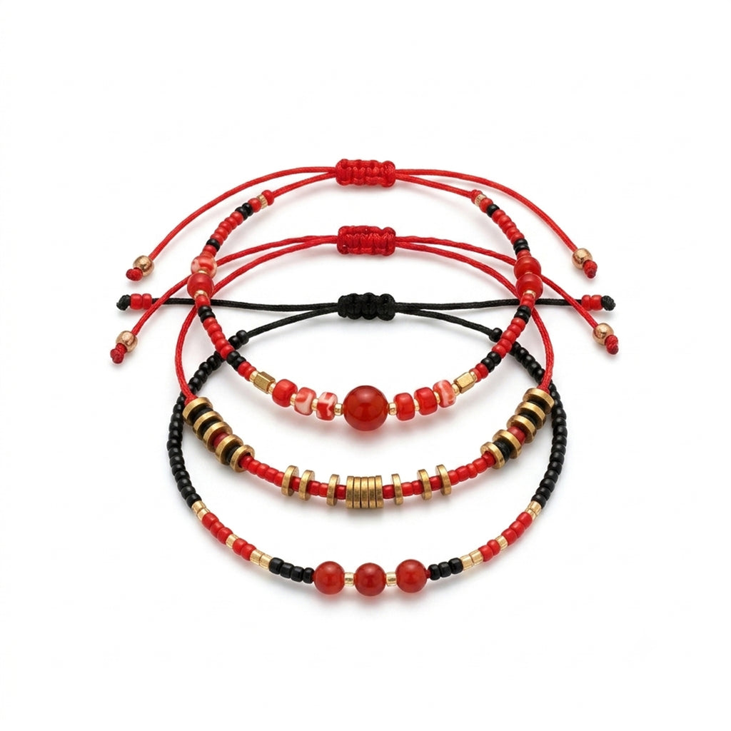 Red braided three-piece bracelet set with adjustable pull cords | BRA514-01 | image 1