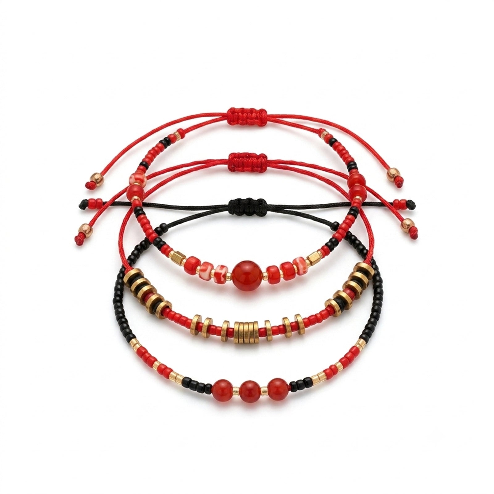 Red braided three-piece bracelet set with adjustable pull cords | BRA514-01 | image 1
