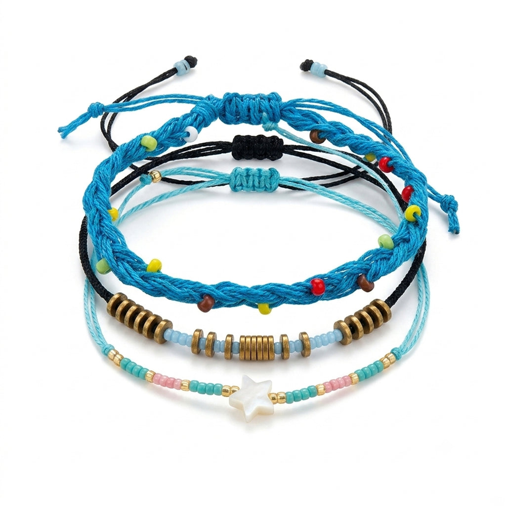 Blue braided three-piece bracelet set with adjustable pull cords | BRA571-01 | image 1