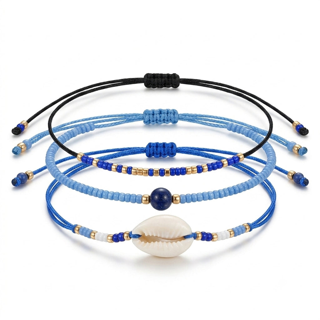 Navy braided three-piece bracelet set with adjustable pull cords | BRA577-01 | image 1
