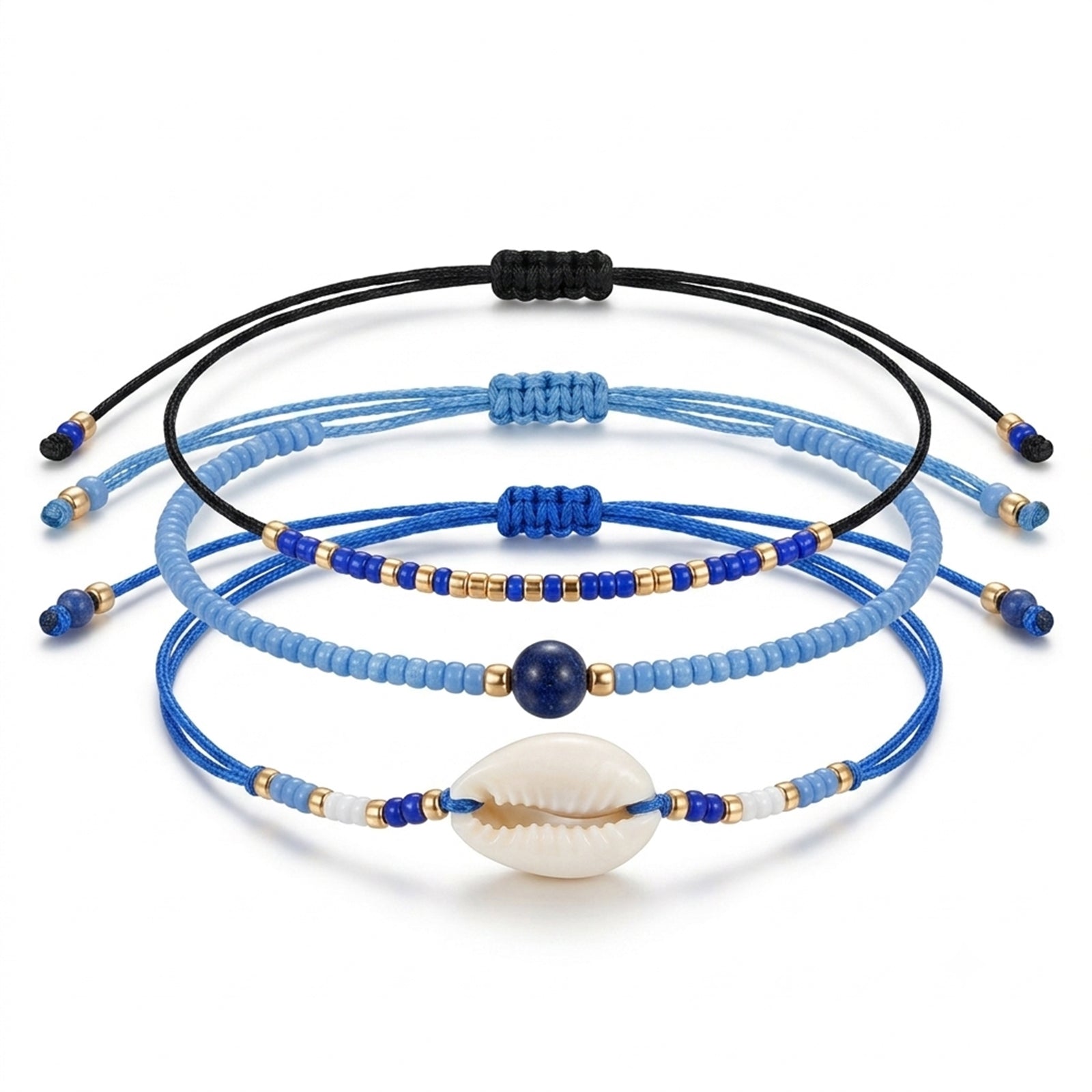 Navy braided three-piece bracelet set with adjustable pull cords | BRA577-01 | image 1