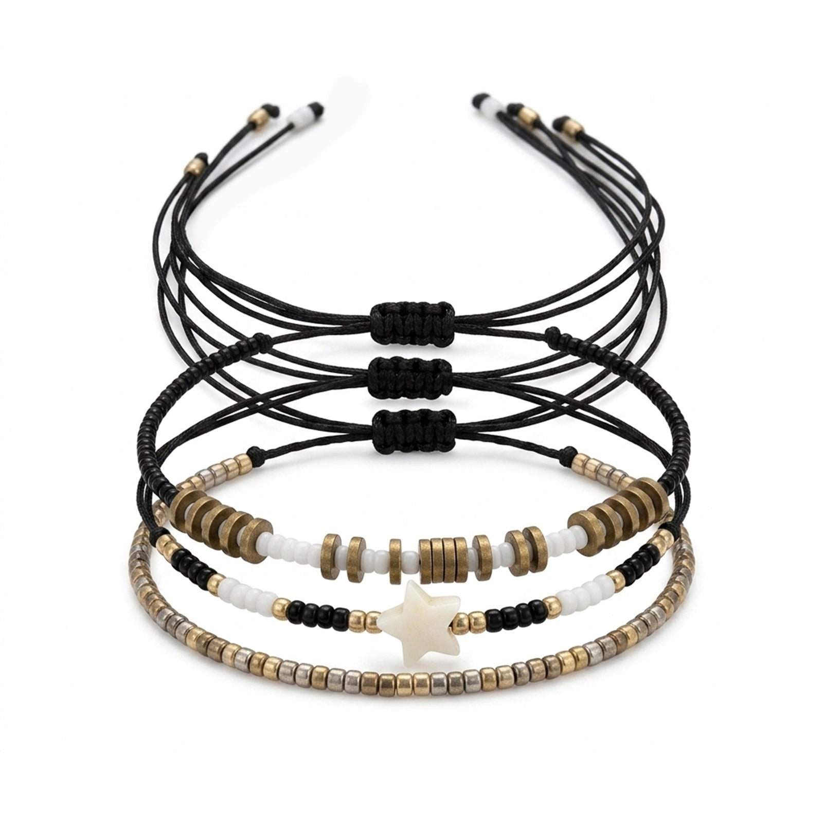 Black braided three-piece bracelet set with adjustable pull cords | BRA569-01 | image 1