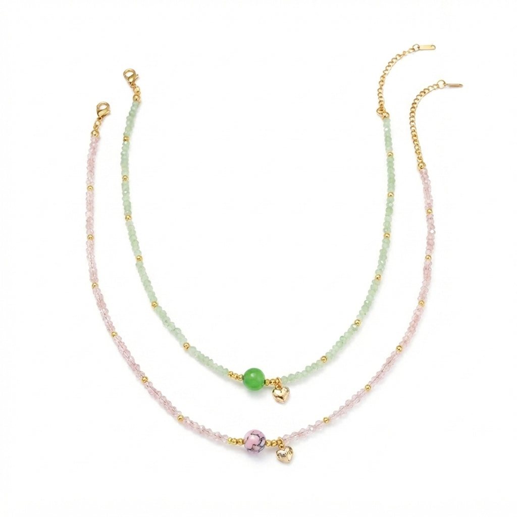 Pink Green Faux Crystal Necklace Set with glass details | NA566-01 | image 1