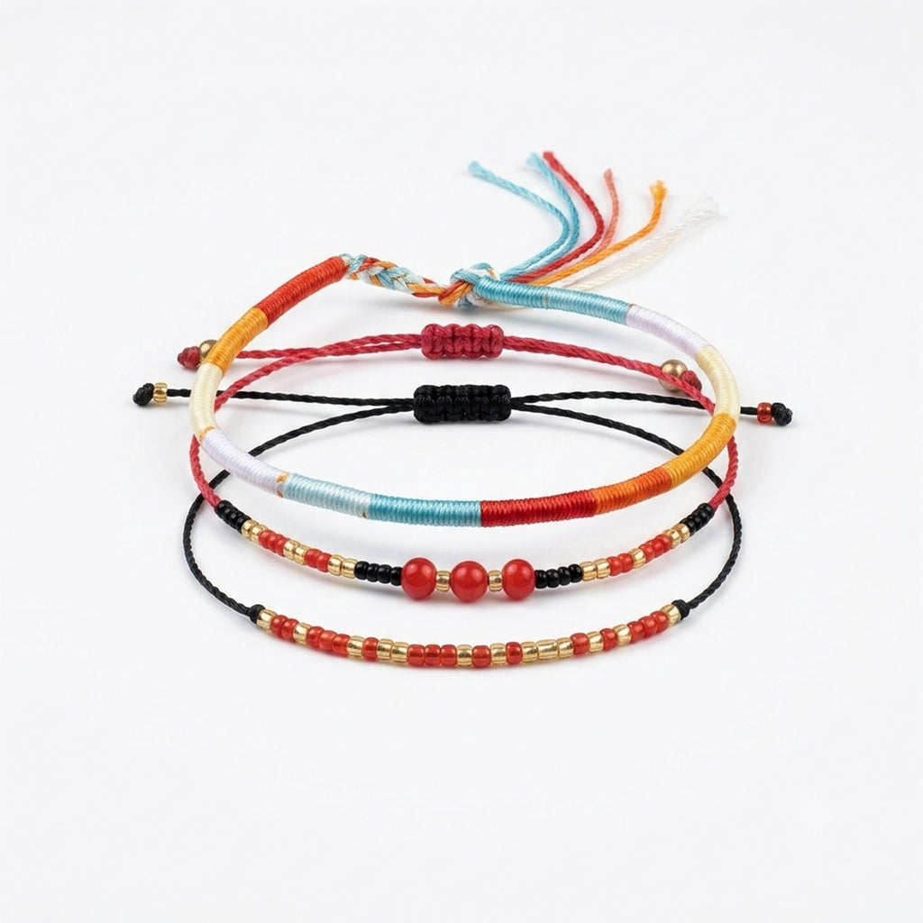 Red braided three-piece bracelet set with adjustable pull cords | BRA575-01 | image 1
