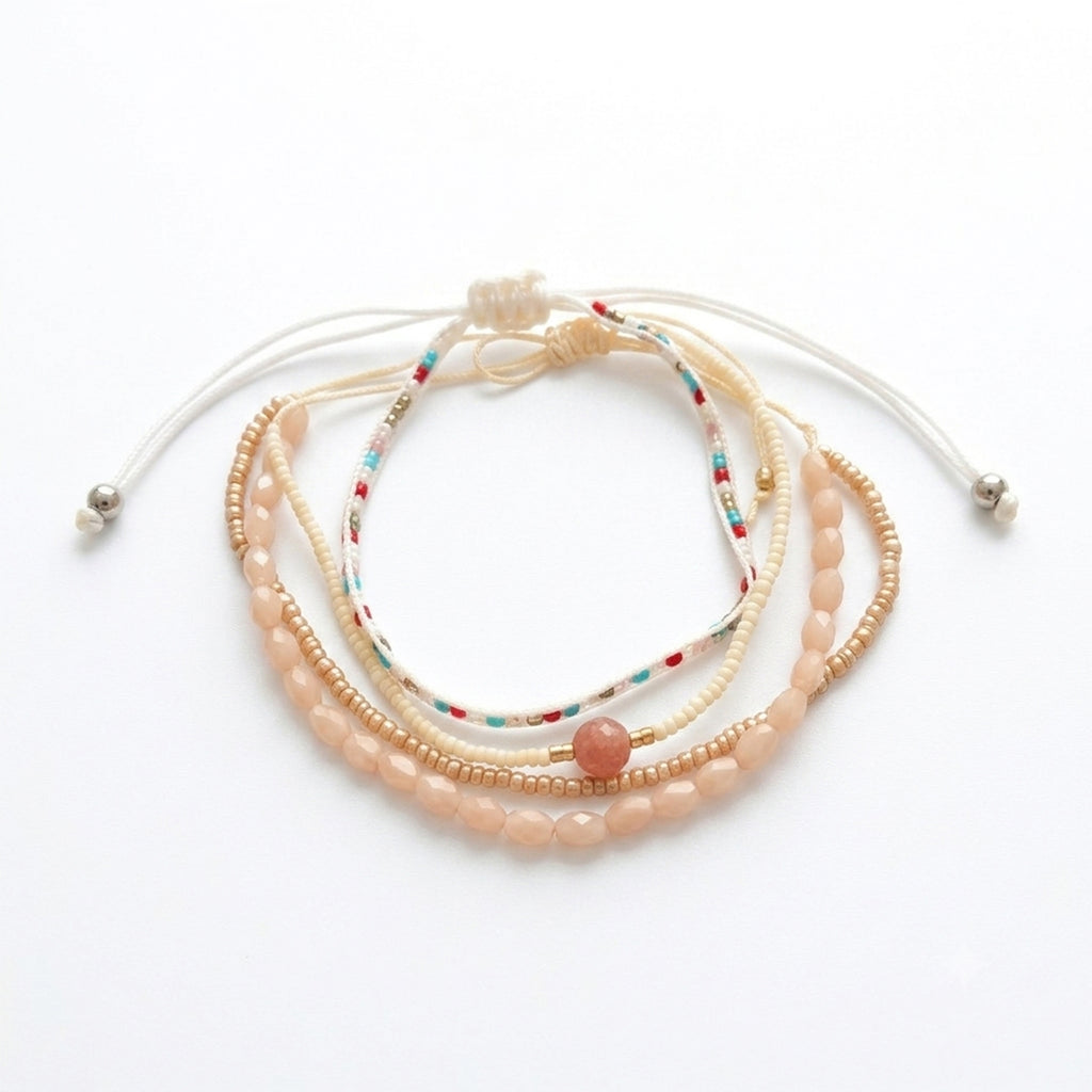Beige braided three-piece bracelet set with adjustable pull cords | BRA558-01 | image 1
