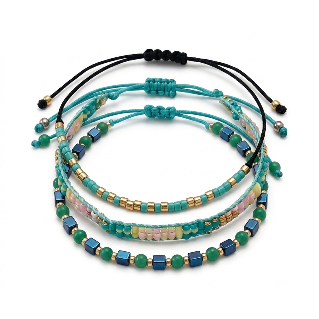 Green braided three-piece bracelet set with adjustable pull cords | BRA507-01 | image 1