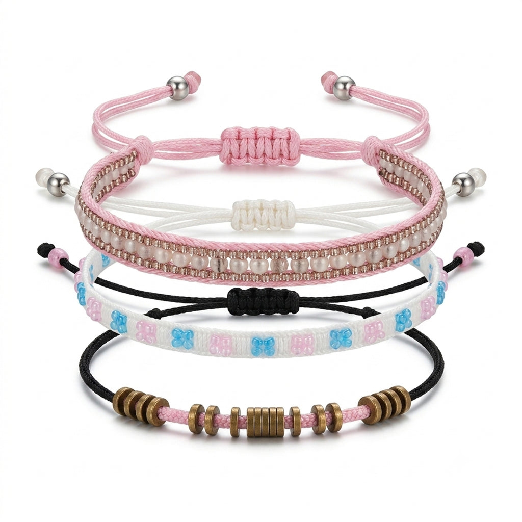 Light Pink braided three-piece bracelet set with adjustable pull cords | BRA563-01 | image 1