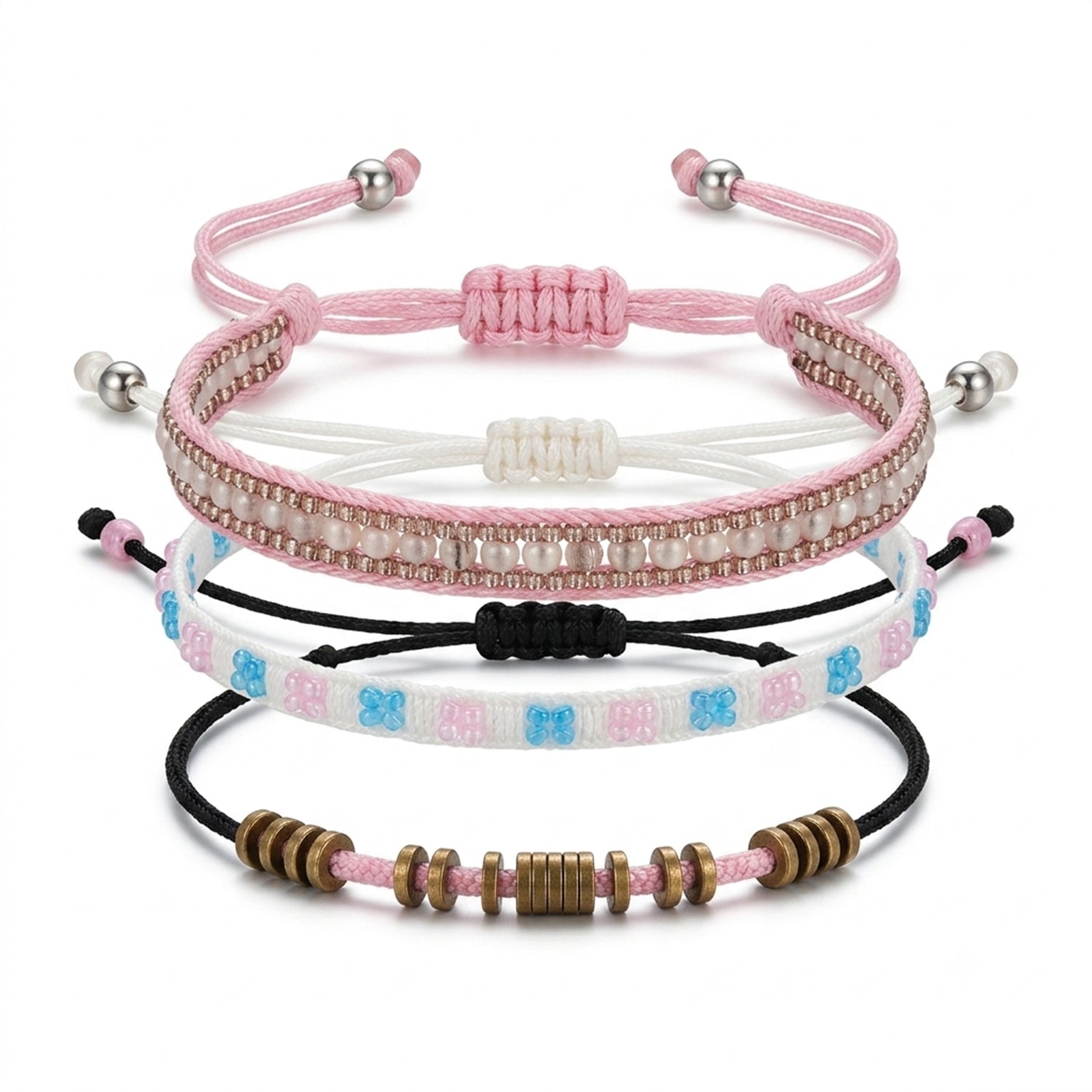 Light Pink braided three-piece bracelet set with adjustable pull cords | BRA563-01 | image 1