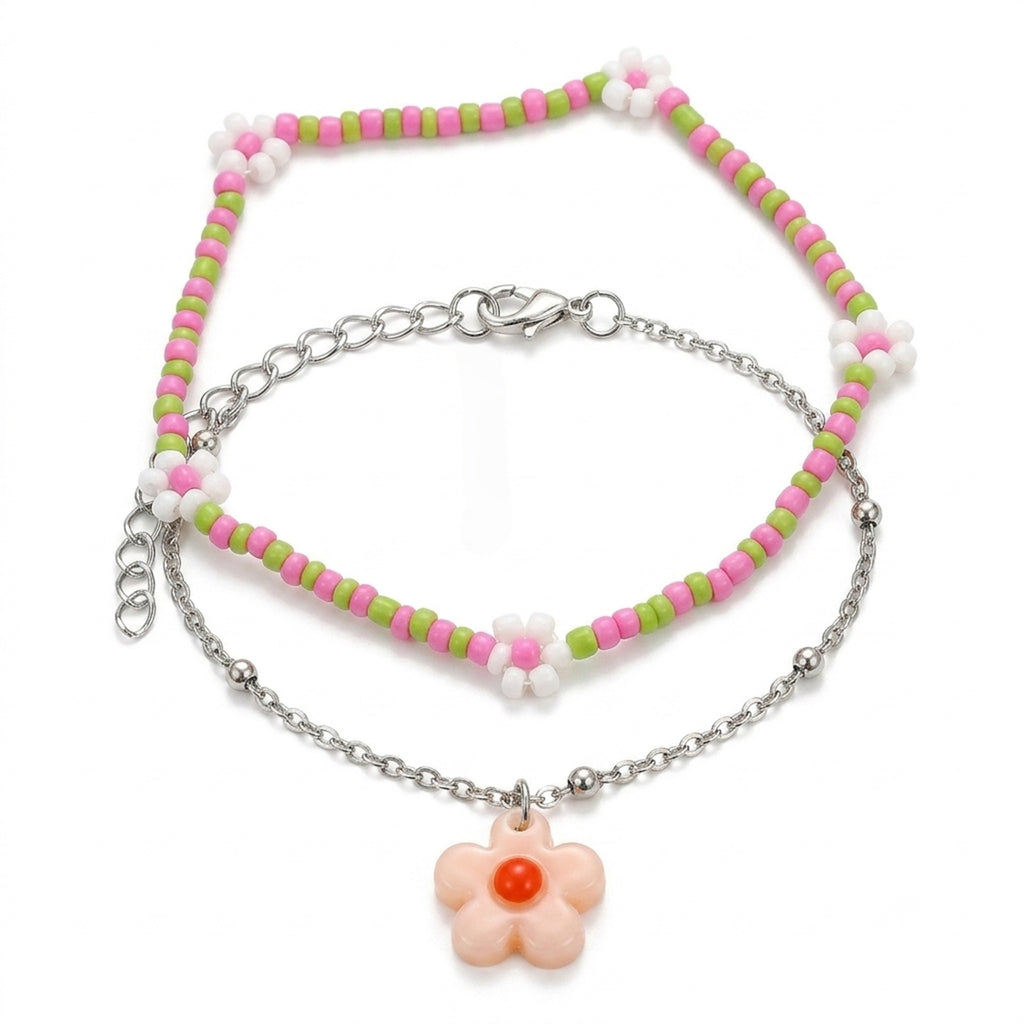 Pink Beaded Flower Anklet Set with plastic details | JL7253-01 | image 1