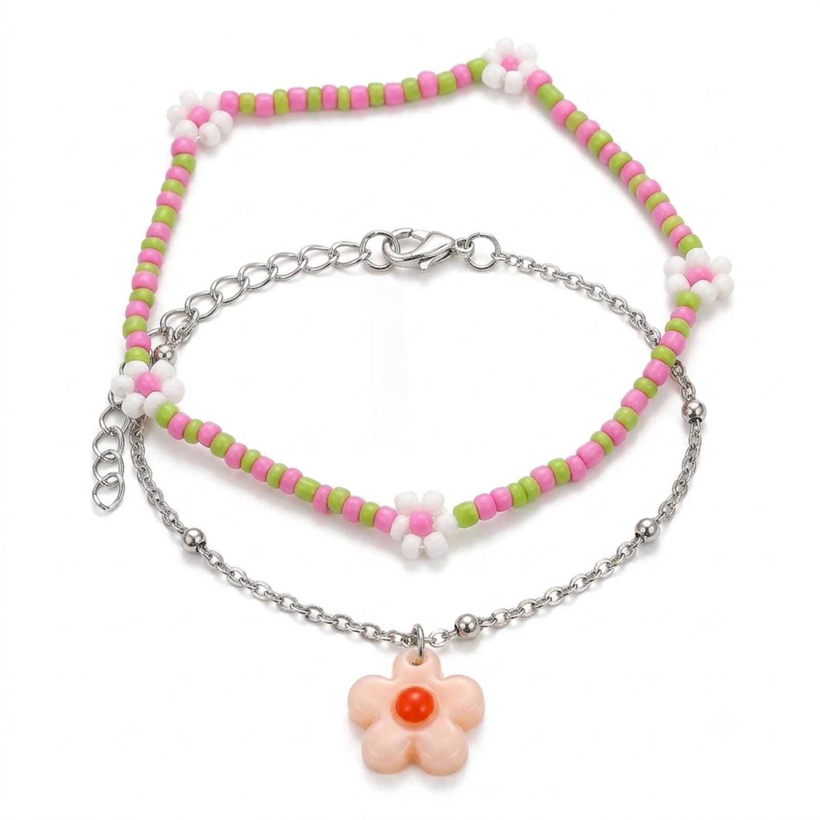 Pink Beaded Flower Anklet Set with plastic details | JL7253-01 | image 1