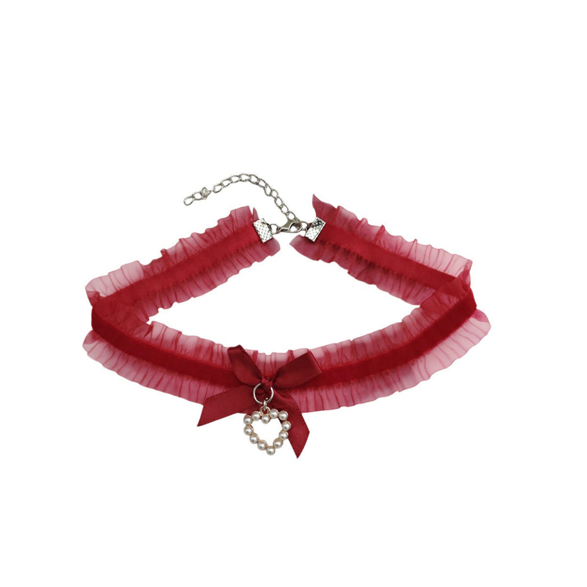 Red Lace Bow Pearl Necklace with polyester fabric | NA866-02 | image 1