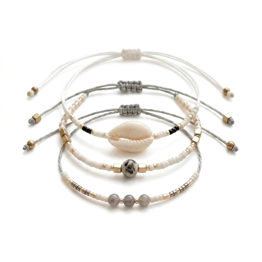 White braided three-piece bracelet set with adjustable pull cords | BRA519-01 | image 1