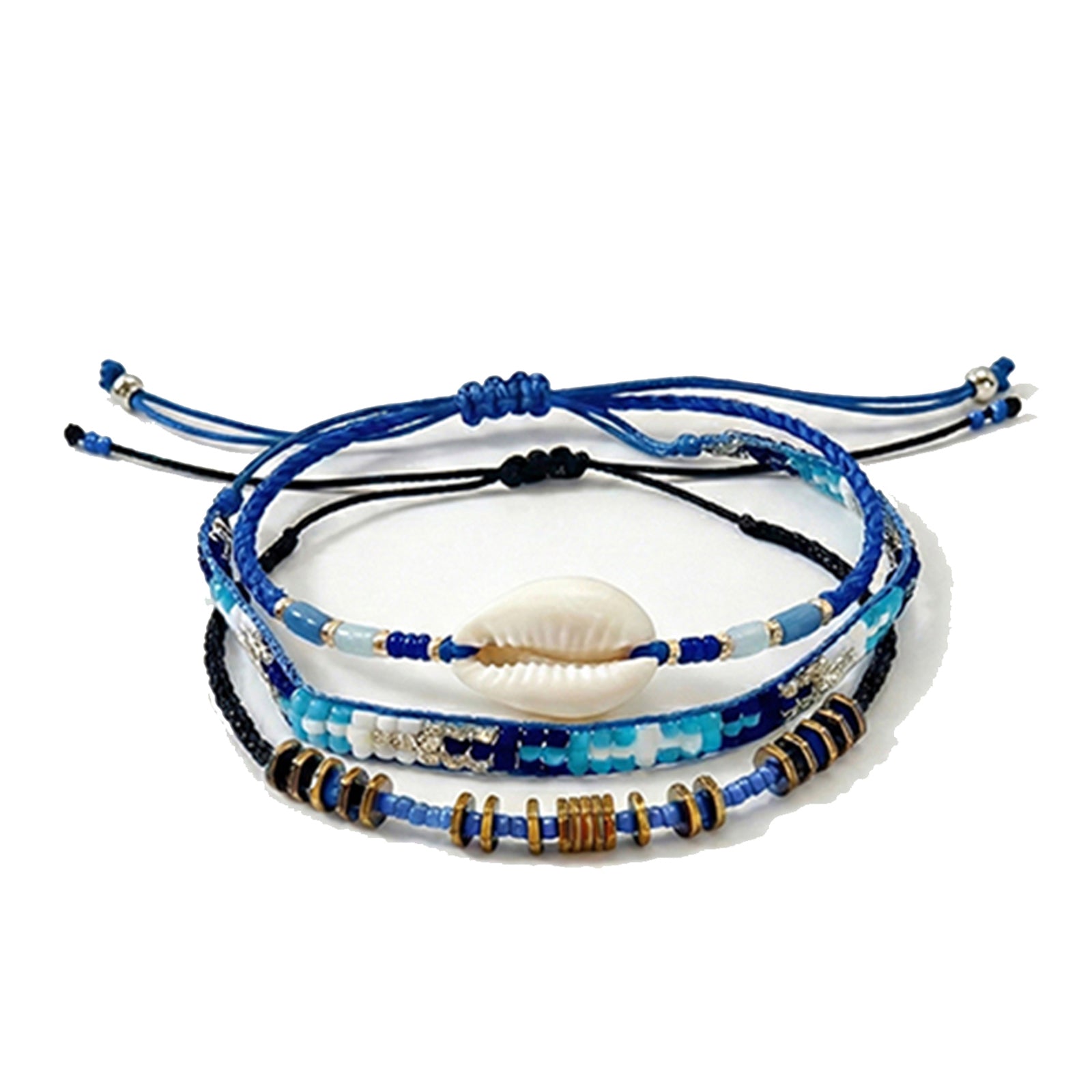 Blue braided three-piece bracelet set with adjustable pull cords | BRA504-01 | image 1