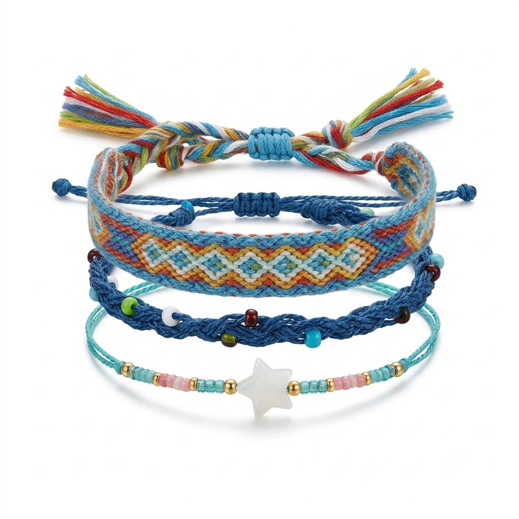 Blue braided three-piece bracelet set with adjustable pull cords | BRA572-01 | image 1